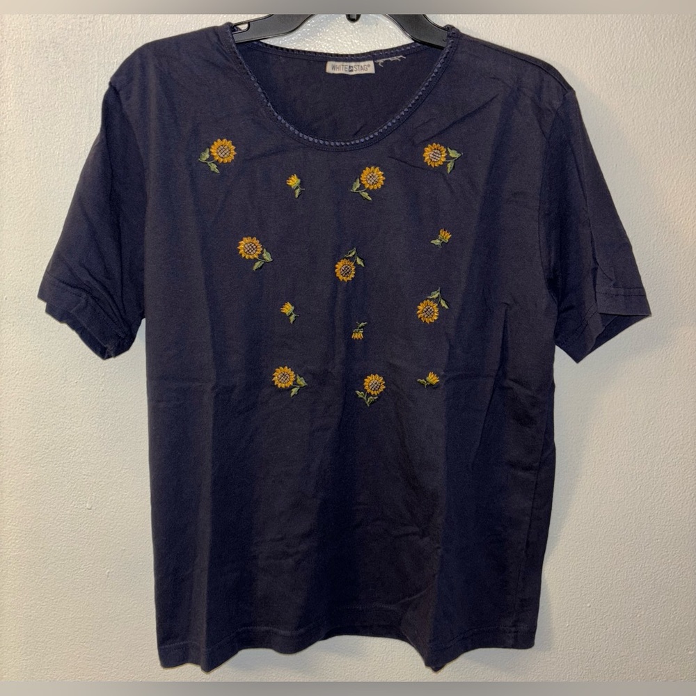 White Stag Women’s Size Large L T-shirt Crew Neck Navy Blue Sunflower Pattern